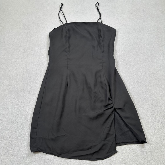 superdown Dresses & Skirts - Revolve Superdown Black Mini Dress S Spaghetti Strap Ruched Slit Back Zip Party